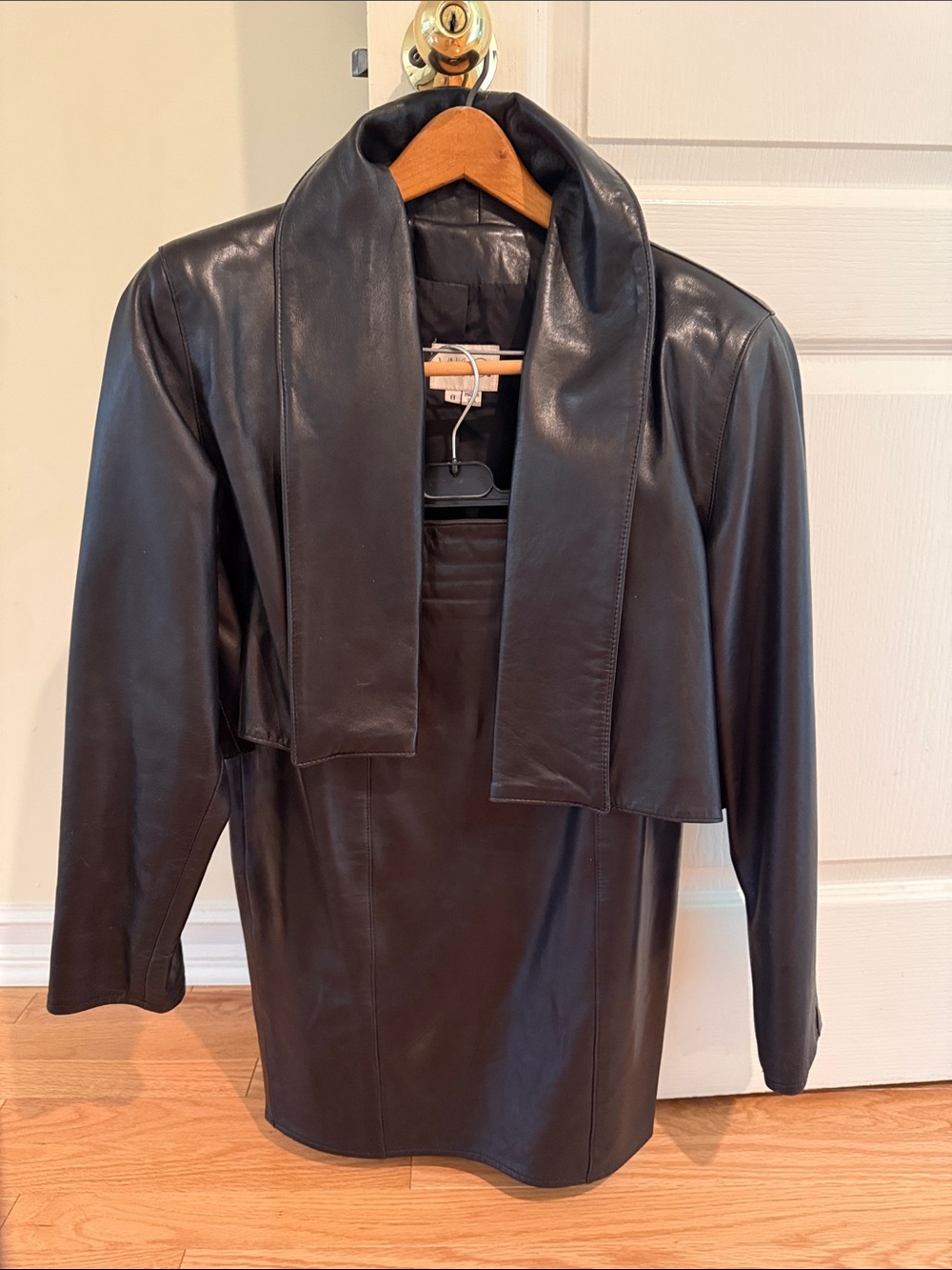 Vakko Black Leather Jacket with Draped Panel Collar
